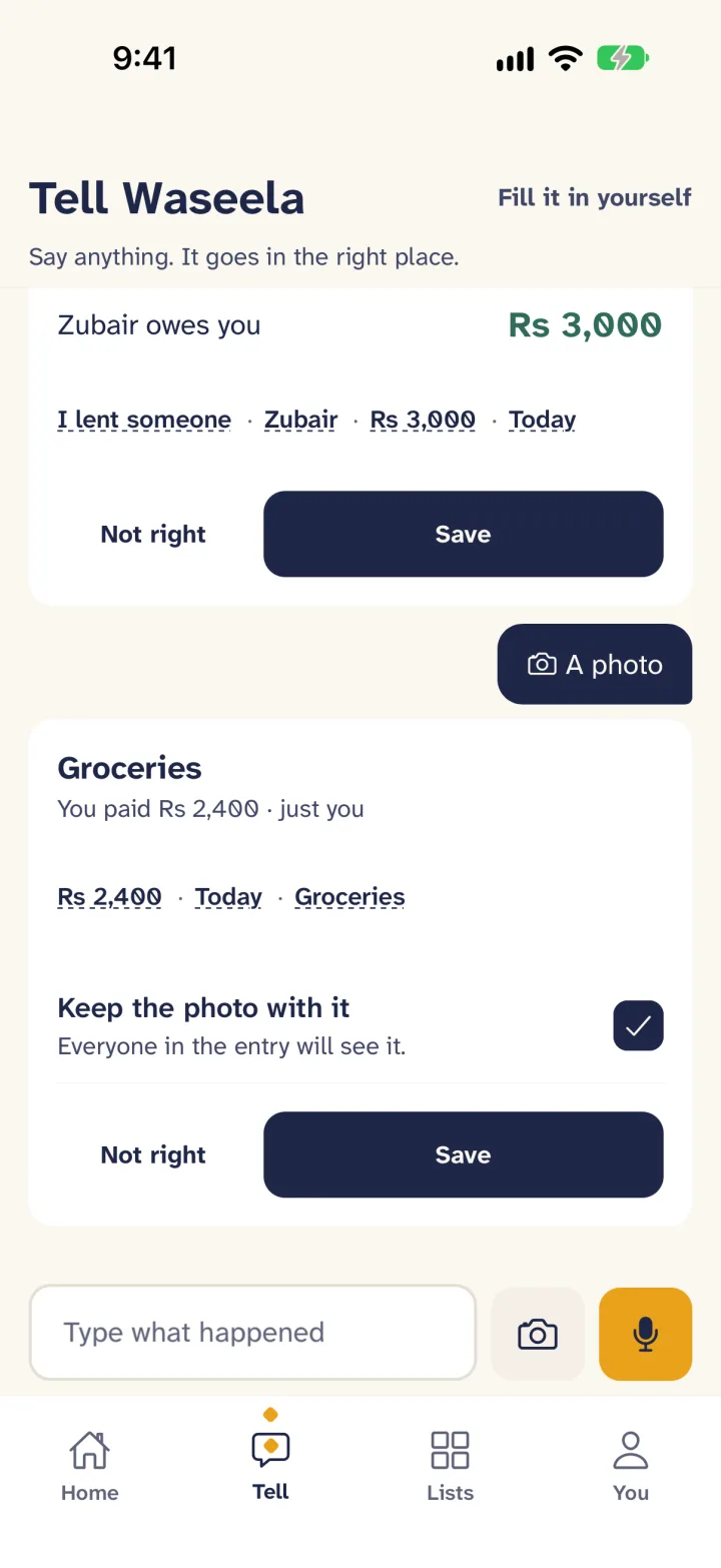 A photo of a bill read into a card: Groceries, Rs 2,400, with Save and Not right.